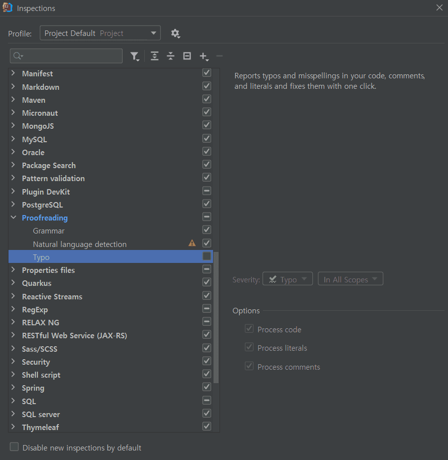 File - Settings - Editor - Inspections - Proofreading - Typo